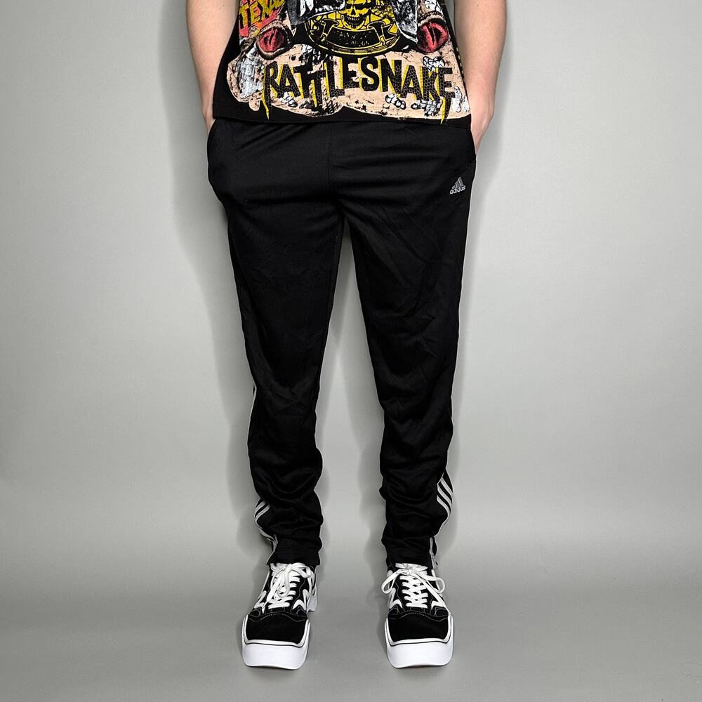 Vintage Y2K Adidas Joggers Mens L Slim Fit Jet Black Polyester White 3 Stripes - Picture 2 of 4
